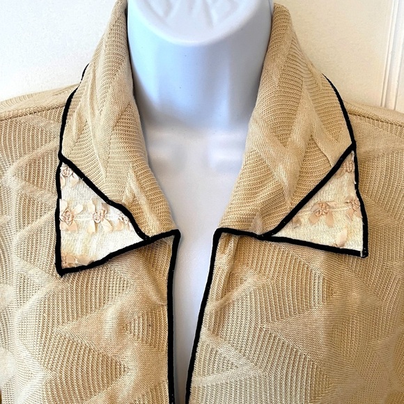 Vintage Textured Jacket Womens Large Light Tan Black Bows Mesh Artsy Lagenlook - Picture 5 of 17